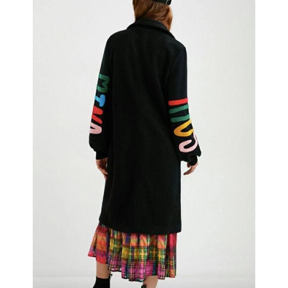 Desigual Estonia Coat Colorful Lettering Sleeves Wool Black Large - Picture 11 of 15